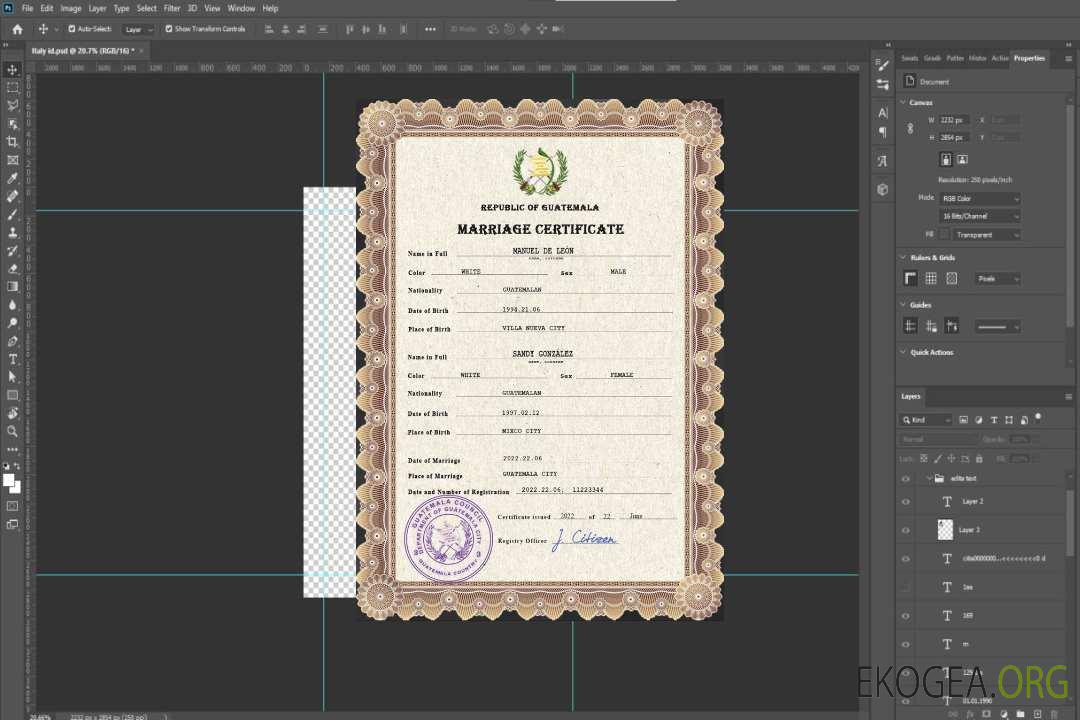 Modèle PSD de certificat de mariage au Guatemala template